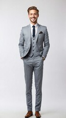 Stylish young white businessman smiling, full-body portrait in a smart grey suit, exuding charm and professionalism