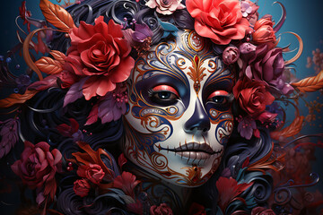 Mexican day of death. a girl with a festive Sugar skull makeup and flowers in her hair. El Dia de Muertos.