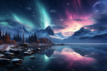 the aurora borealis in the sky, the northern lights. landscape with mountains.