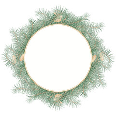 Fototapeta na wymiar Round frame with pine branches and cones on a white background. Watercolor illustration. Christmas tree, coniferous forest, evergreen trees, needles, branches, greenery, hand-drawn. Christmas