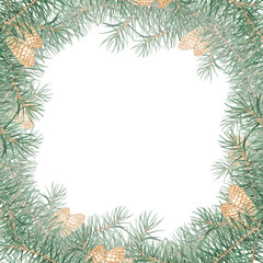 Fototapeta na wymiar Round frame with pine branches and cones on a white background. Watercolor illustration. Christmas tree, coniferous forest, evergreen trees, needles, branches, greenery, hand-drawn. Christmas