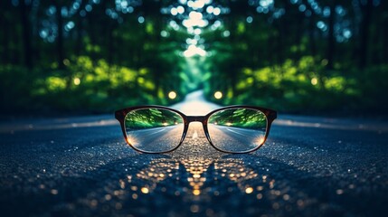 road leading to a source of light behind an eyeglass, with blur background, copy space, 16:9 - obrazy, fototapety, plakaty