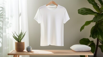 cotton 3001 T-Shirt on a hanger, mock up, copy space, 16:9