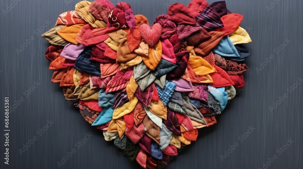 Wall mural heart with many pieces of fabric with different patterns and colors, 16:9