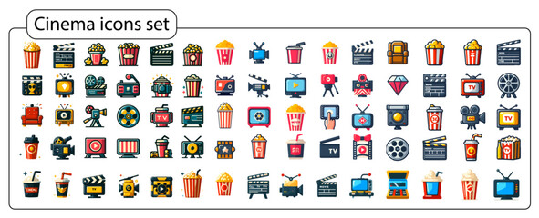 Cinema icon set design: popcorn box, movie, clapboard, movie, film, TV, video and more.