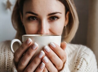 Woman holding a cup of coffee. Drink morning. A girl in a cozy house drinks a hot drink