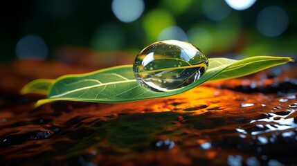 raindrop on a leaf, concept: water is life, copy space, 16:9