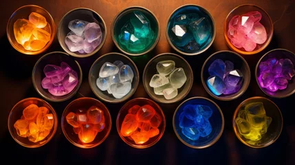 Fototapeten top view, aerial view, bowls of gemstones of the color of the rainbow, 16:9 © Christian