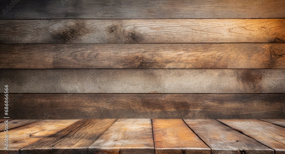 Poster Empty old wooden shelf/table background with copy space for text, design or to exhibit product