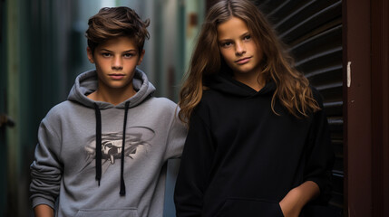 Artistic sibling portrait in a downtown alley, graffiti walls, edgy fashion, dramatic shadows