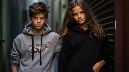 Fototapeta premium Artistic sibling portrait in a downtown alley, graffiti walls, edgy fashion, dramatic shadows