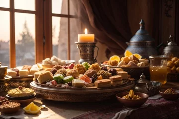 Fotobehang table with various Middle Eastern desserts and tea. There are plates and bowls of sweets like baklava, cookies, nuts, dates, syrup, etc... It has lighting coming through the window and a soft style. © sebas