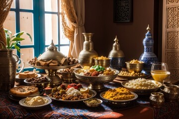 table with various Middle Eastern desserts and tea. There are plates and bowls of sweets like baklava, cookies, nuts, dates, syrup, etc... It has lighting coming through the window and a soft style.