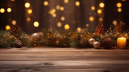Obraz na płótnie Canvas Rustic Christmas Photo Background, Wooden Floor Decoration, Golden Lights, Warm Light, Holiday Atmosphere