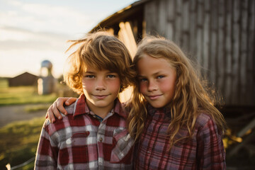 Fototapeta na wymiar Rustic sibling portrait on a family farm, golden hour light, casual plaid shirts and jeans,