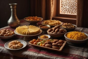 table with various Middle Eastern desserts and tea. There are plates and bowls of sweets like baklava, cookies, nuts, dates, syrup, etc... It has lighting coming through the window and a soft style.