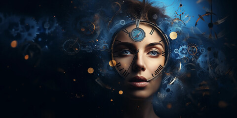 Abstract surreal portrait with elements of space and time, face intersected with clock gears and starry nebula, eyes gazing into the cosmos