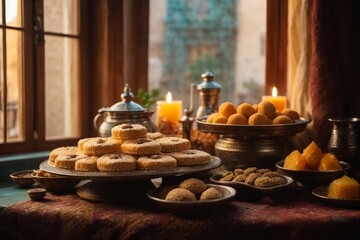 Obraz na płótnie Canvas table with various Middle Eastern desserts and tea. There are plates and bowls of sweets like baklava, cookies, nuts, dates, syrup, etc... It has lighting coming through the window and a soft style.