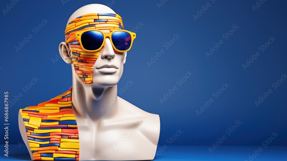 Poster a mannequin wearing sunglasses and a colorful scarf, ai