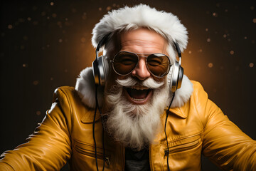 Nightclub invite on christmas party celebration funky crazy santa claus dj in white headset sing...