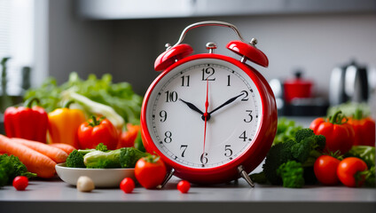 Alarm clock, fresh assorted vegetables on kitchen background