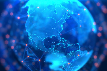 Blue holographic globe with nodes connected around earth. Concept of global network connection, communication technology, fintech, data exchange, worldwide exchange of information and online banking. - obrazy, fototapety, plakaty