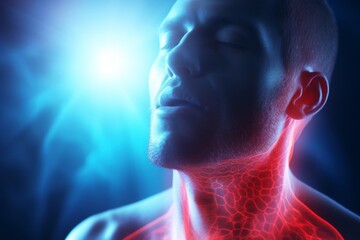 3D image of human head with luminous throat and nasopharynx network, muscle activity and flashes on black background. Swallowing process, neural connections. Physical health, throat diseases concept. - obrazy, fototapety, plakaty