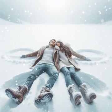 couple woman and man in winter clothes making snow angels lying in park or forest outdoors.