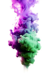 Green and purple smoke explosion, flame shaped smoke on white background 