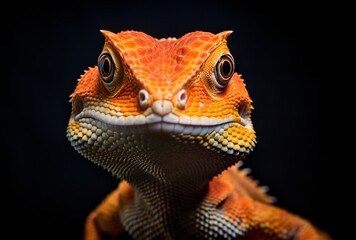 a portrait of a lizard with black background and a frontal view, fine art, detailed, layered compositions