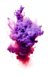 Fototapeta premium Purple smoke explosion on white background that looks like a flame, Vibrant Purple Smoke Flame: Dynamic Vertical Explosion on White
