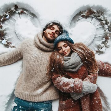 couple woman and man in winter clothes making snow angels lying in park or forest outdoors.