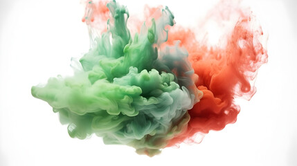 Naklejka premium Contrasting Chroma: Red and Green Swirling Fumes on Abyssal White Canvas - Vivid Shades Coalescing in Enigmatic Whirls