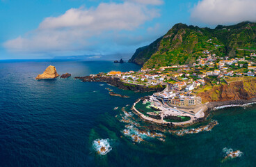 Aerial view of natural swimming pools in Porto Moniz Madeira - 686870599
