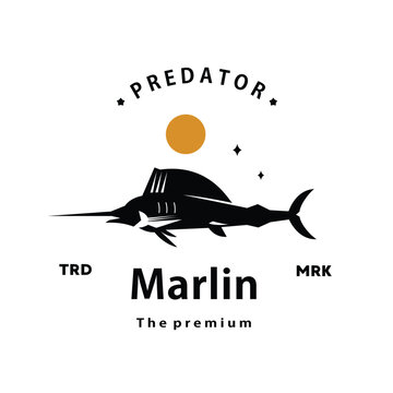 vintage retro hipster marlin logo vector outline silhouette art icon