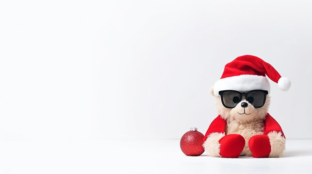 Christmas background with Teddy bear dressed as Santa Claus and red Christmas ball. Teddy bear wearing Santa suit and sunglasses isolated on white with space for text. 