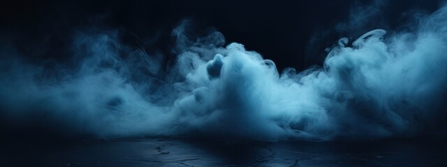 Black stage with blue smoke below, like fog on the floor. In a dark room. - obrazy, fototapety, plakaty