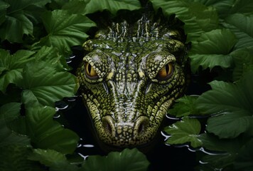 Fototapeta premium an alligator head is floating in a pond filled with green leaves