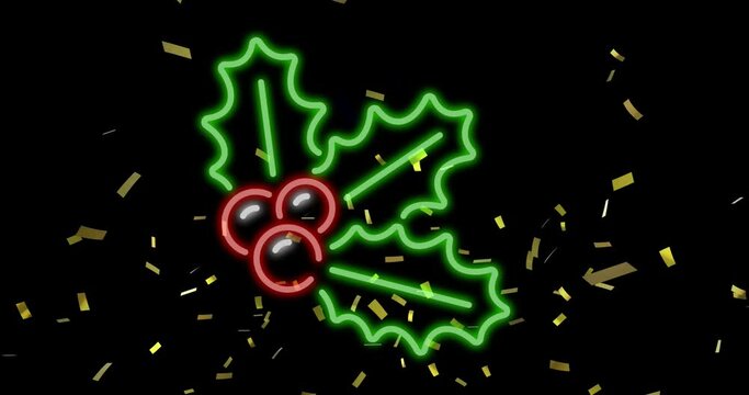 Animation of golden confetti falling over neon mistle toe icon against black background