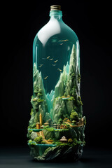 Green world around a plastic bottle. Worldwide problem of plastic pollution.