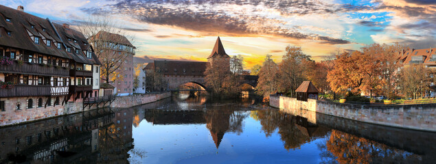 Nurnberg old town in autumn colors over sunset.. Landmarks of Bavaria,  Germany travel