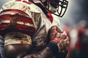 Cropped close-up portrait of muscular American football player holding the ball. A determined athlete in soiled uniform, helmet and gloves fighting for victory in the stadium field sparing no effort. - Powered by Adobe
