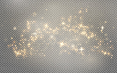 Fototapeta na wymiar Christmas glowing bokeh confetti light and glitter texture overlay for your design. Festive sparkling gold dust png. Holiday powder dust for cards, invitations, banners, advertising.