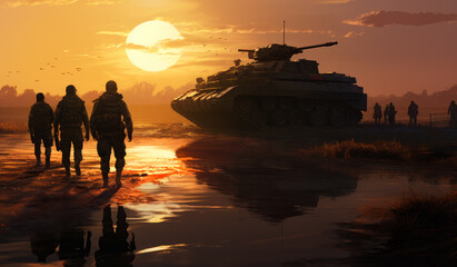 Group of soldiers walking. A group of people walking on a beach next to a tank - obrazy, fototapety, plakaty