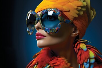 Young girls in beautiful fashionable clothes in parrot plumage colors, exotic bird and high fashion, fashion magazine cover