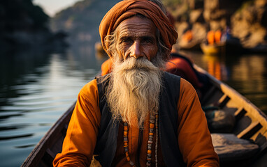 Old man sitting by the back of a small boat. A man with a long beard and a long beard sitting in a...