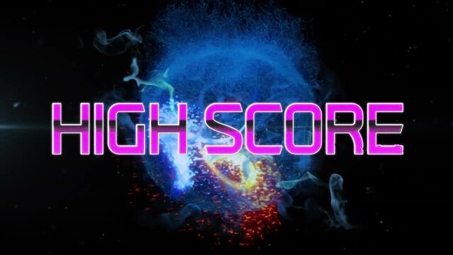 Animation of high score text banner over shooting star, globe and digital wave on black background