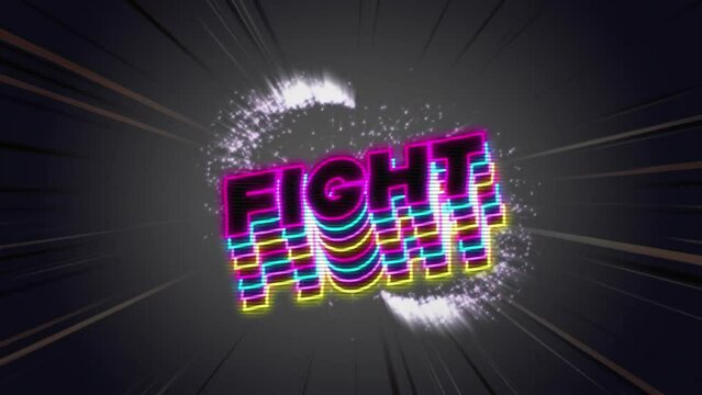 Animation of neon fight text banner over light trails, shooting stars, light spot on grey background