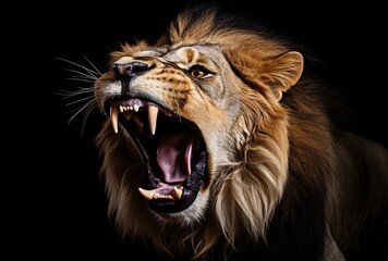 lion yelling on a black background with open mouth, fine art, realist detail, art of the ivory coast