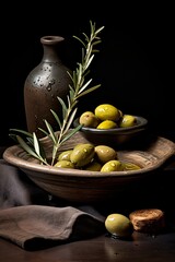 olives with oil and thyme leaves from oil, boldly textured surfaces